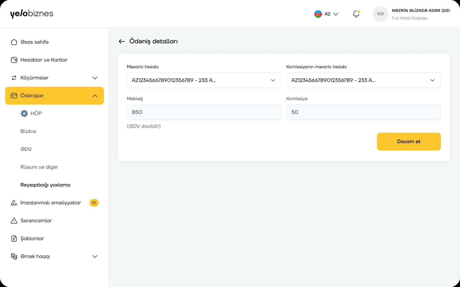 Payment details screen for the inspection fee