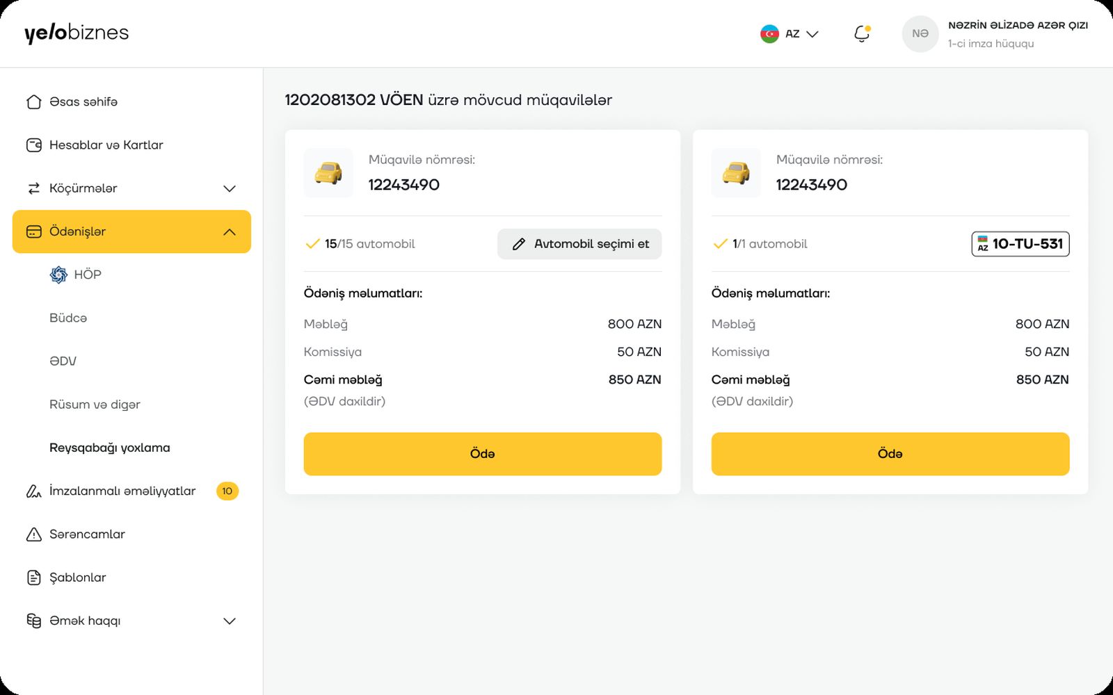 Vehicle contracts under a VÖEN with payment totals